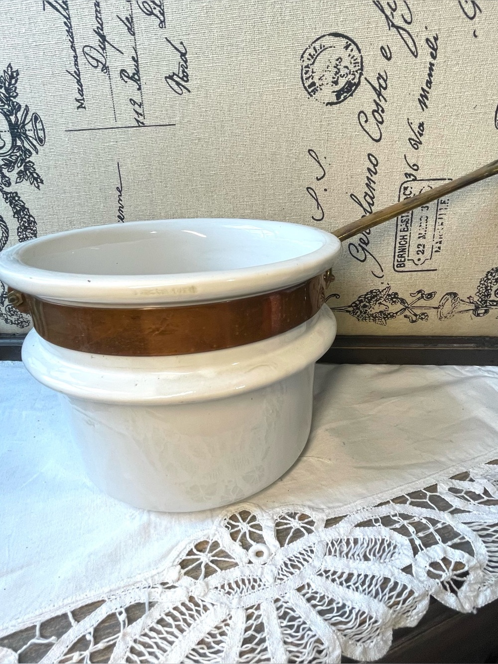 Vintage white ceramic cook pot brass handle